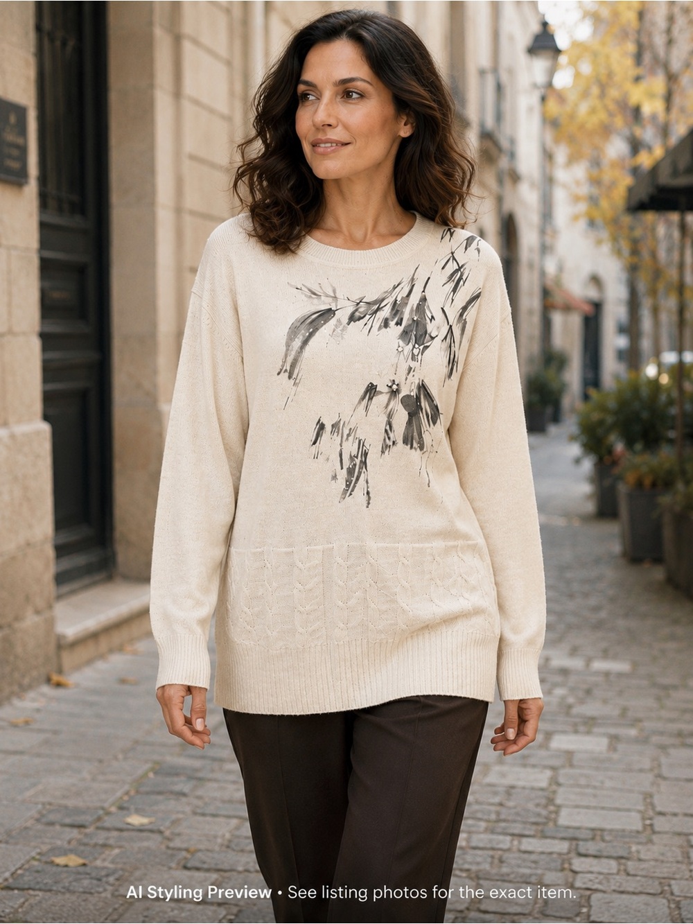Eugen Klein USA 18 Cream Wool Blend Crystal Embellished Floral Sweater